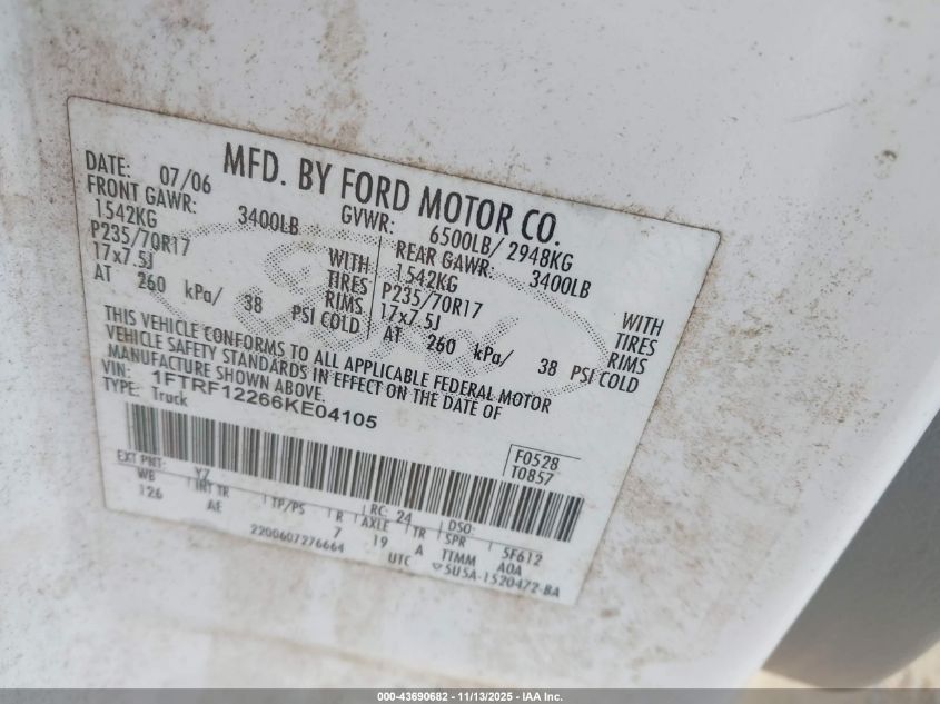 2006 Ford F-150 Stx/Xl/Xlt VIN: 1FTRF12266KE04105 Lot: 43690682