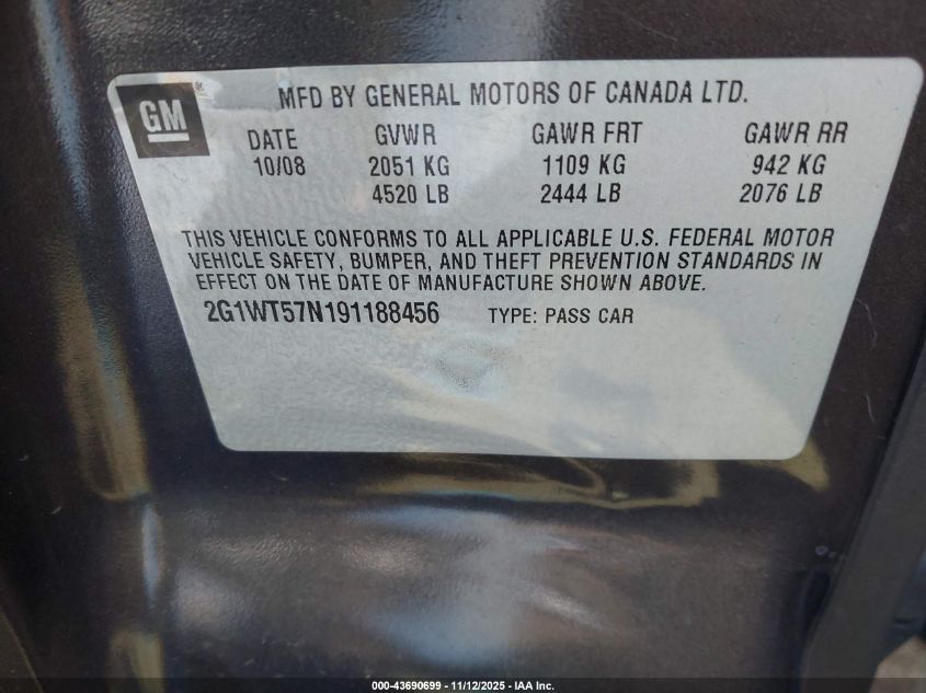 2009 Chevrolet Impala Lt VIN: 2G1WT57N191188456 Lot: 43690699