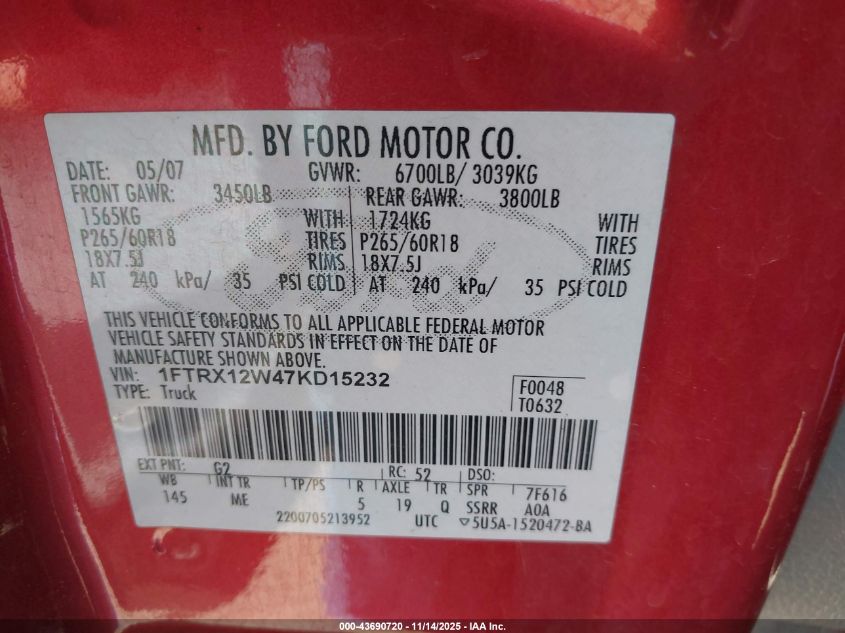 2007 Ford F-150 Stx/Xl/Xlt VIN: 1FTRX12W47KD15232 Lot: 43690720