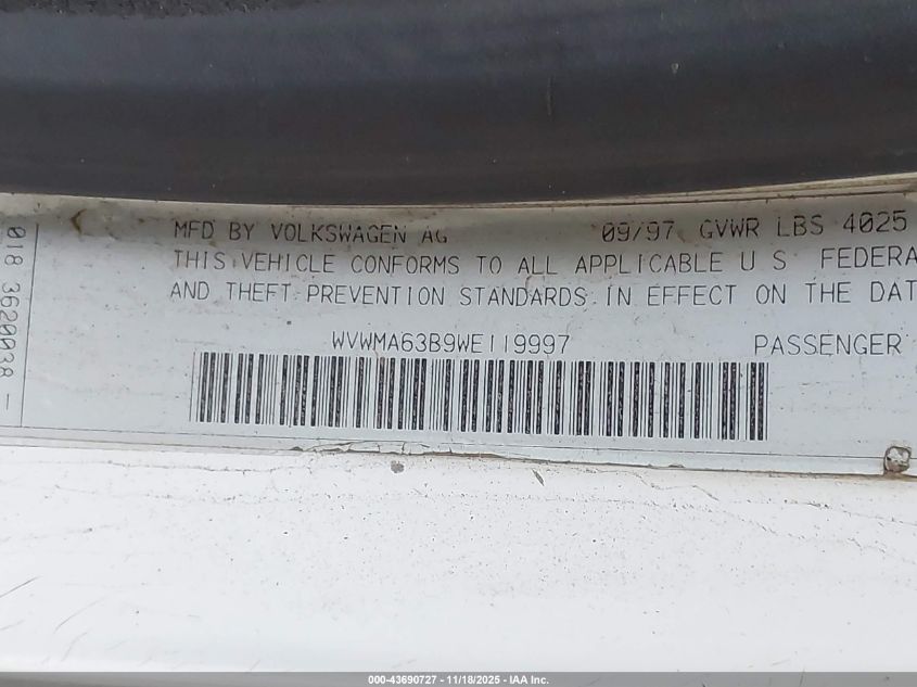 1998 Volkswagen Passat Gls VIN: WVWMA63B9WE119997 Lot: 43690727