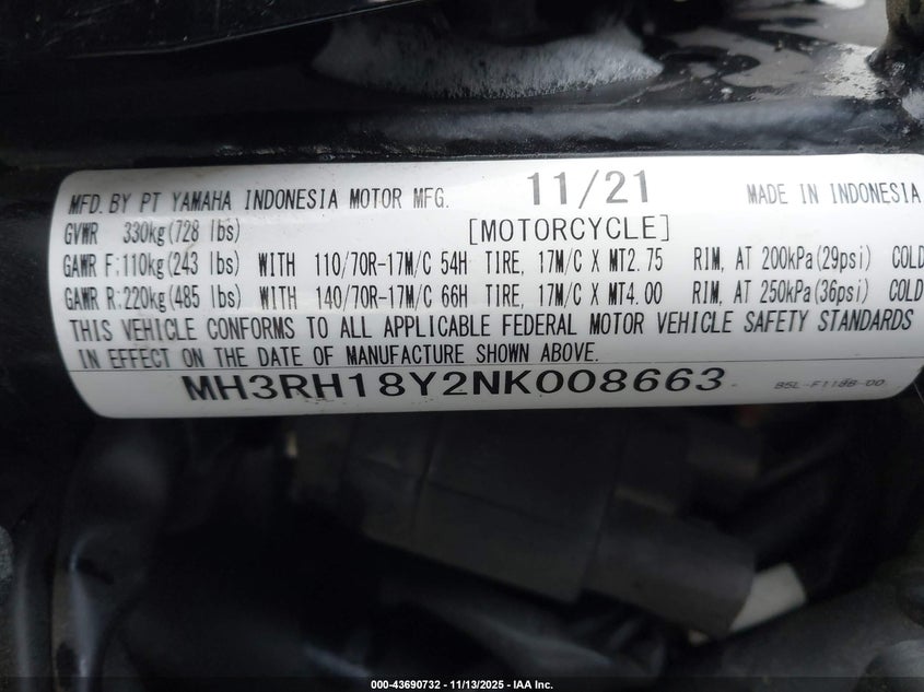 2022 Yamaha Yzfr3 A VIN: MH3RH18Y2NK008663 Lot: 43690732