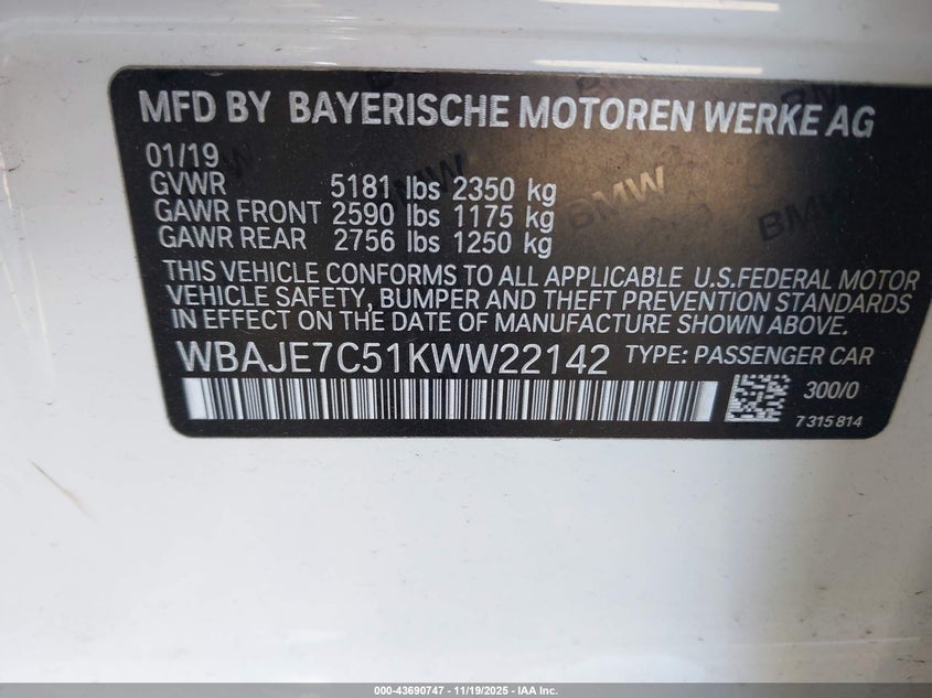 2019 BMW 540I xDrive VIN: WBAJE7C51KWW22142 Lot: 43690747