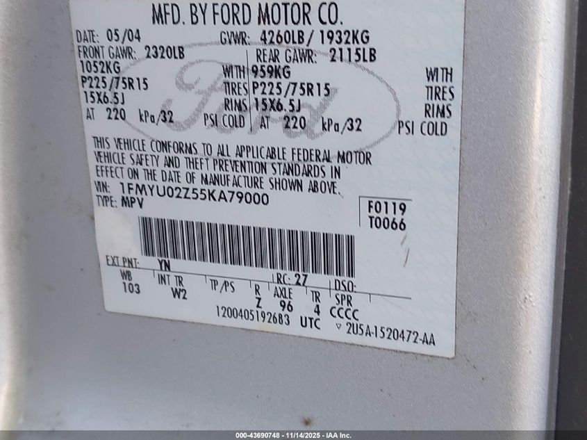 2005 Ford Escape Xls VIN: 1FMYU02Z55KA79000 Lot: 43690748