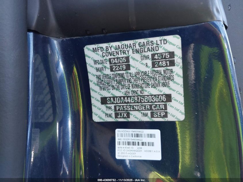 2007 Jaguar Xk VIN: SAJDA44B875B03606 Lot: 43690752