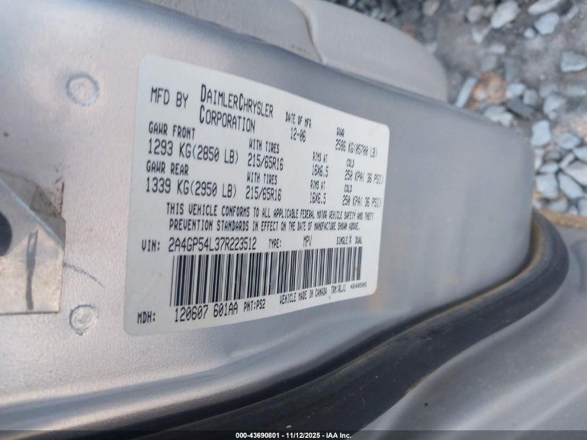 2007 Chrysler Town & Country Touring VIN: 2A4GP54L37R223512 Lot: 43690801