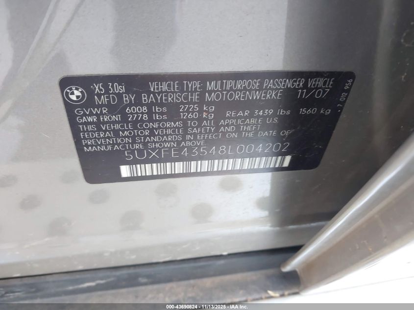 2008 BMW X5 3.0Si VIN: 5UXFE43548L004202 Lot: 43690824