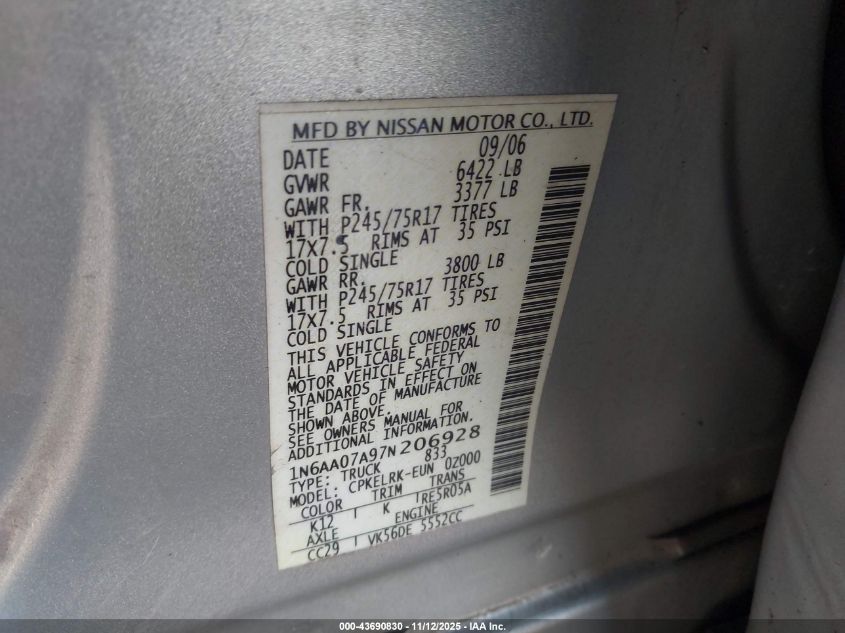 2007 Nissan Titan Xe VIN: 1N6AA07A97N206928 Lot: 43690830