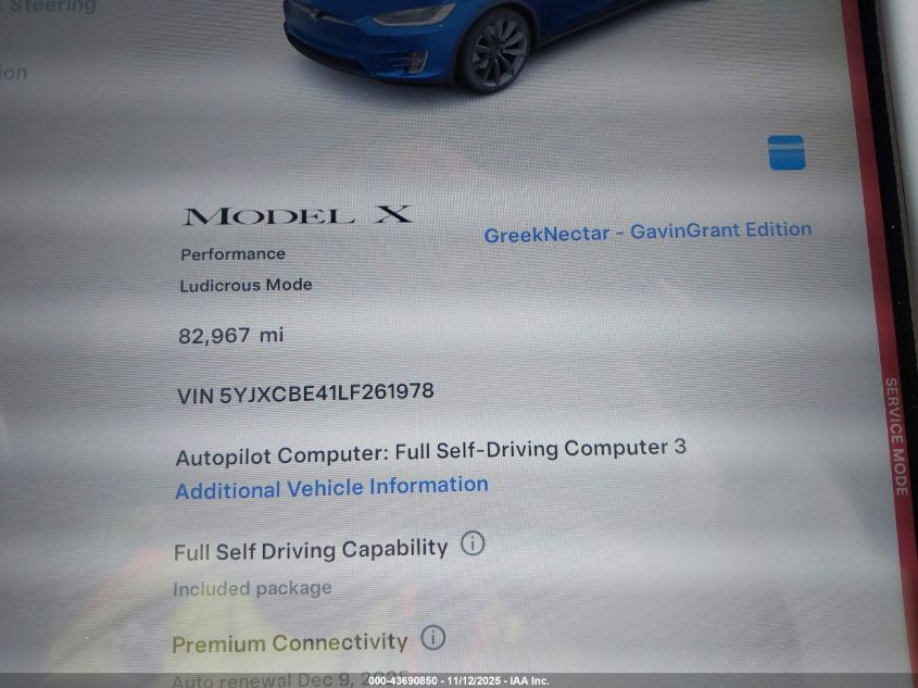 2020 Tesla Model X Performance Dual Motor All-Wheel Drive VIN: 5YJXCBE41LF261978 Lot: 43690850