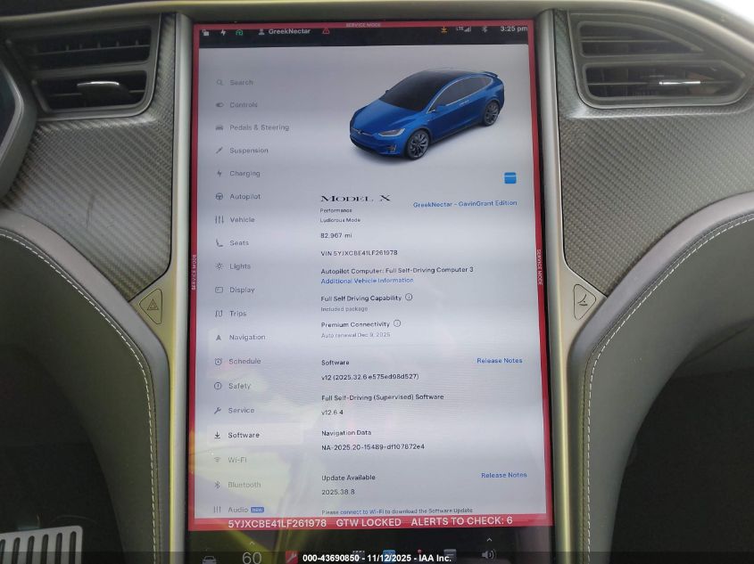 2020 Tesla Model X Performance Dual Motor All-Wheel Drive VIN: 5YJXCBE41LF261978 Lot: 43690850