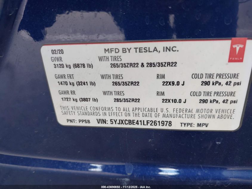2020 Tesla Model X Performance Dual Motor All-Wheel Drive VIN: 5YJXCBE41LF261978 Lot: 43690850