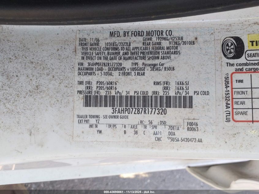 2007 Ford Fusion Se VIN: 3FAHP07Z87R177320 Lot: 43690861