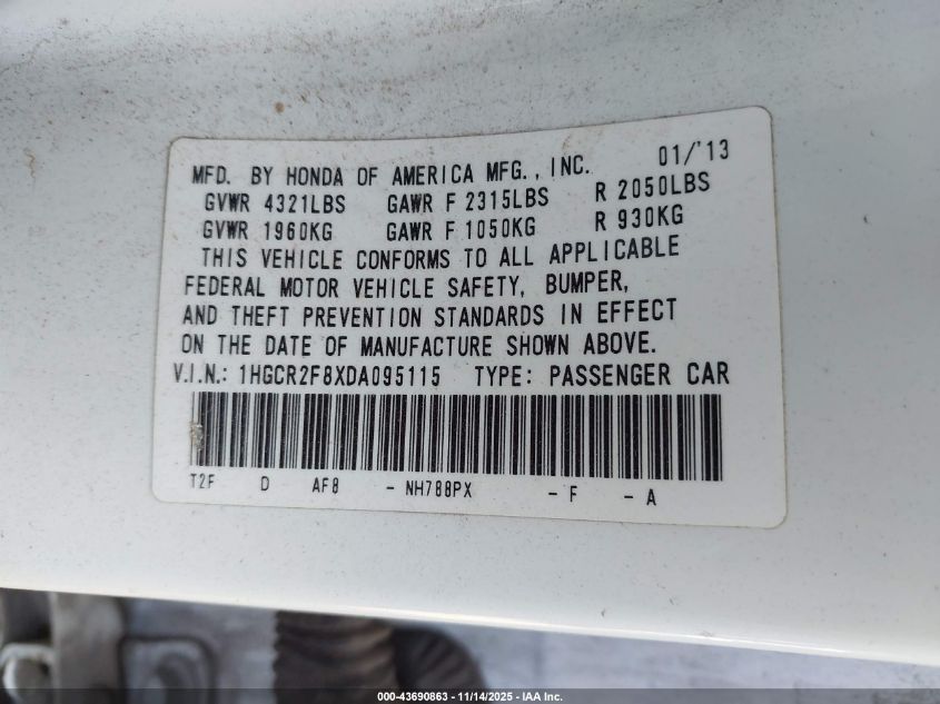 2013 Honda Accord Sdn Ex-L VIN: 1HGCR2F8XDA095115 Lot: 43690863