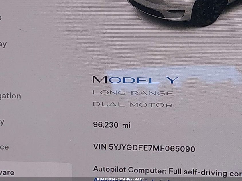 2021 Tesla Model Y Long Range Dual Motor All-Wheel Drive VIN: 5YJYGDEE7MF065090 Lot: 43690864