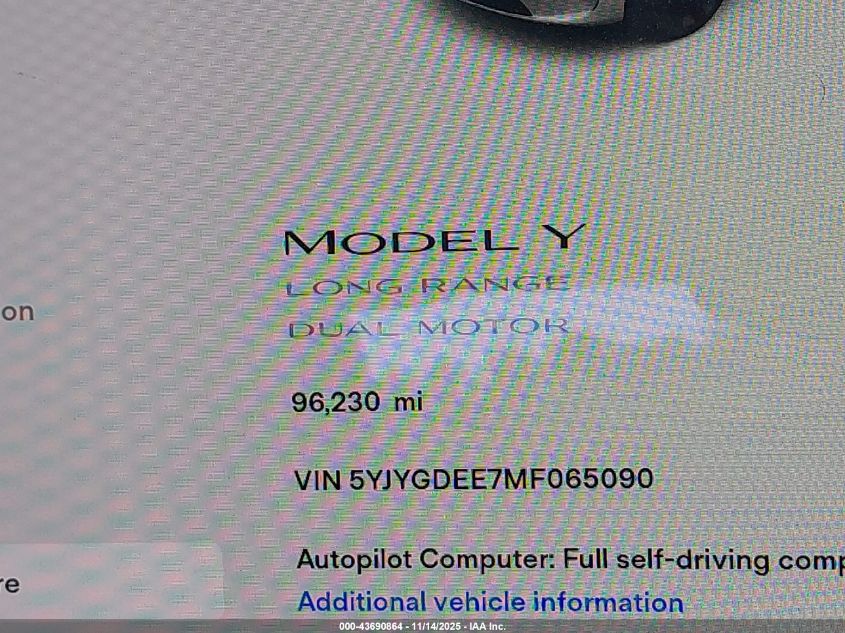 2021 Tesla Model Y Long Range Dual Motor All-Wheel Drive VIN: 5YJYGDEE7MF065090 Lot: 43690864
