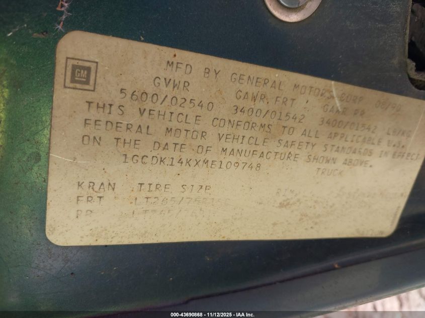 1991 Chevrolet Gmt-400 K1500 VIN: 1GCDK14KXME109748 Lot: 43690868