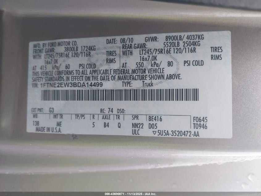 2011 Ford E-250 Commercial VIN: 1FTNE2EW3BDA14499 Lot: 43690871