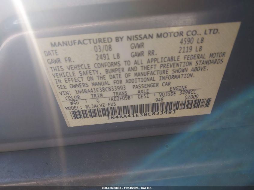 2008 Nissan Maxima 3.5 Se VIN: 1N4BA41E38C833993 Lot: 43690883