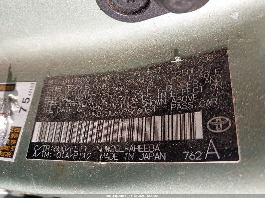 2009 Toyota Prius VIN: JTDKB20U697866064 Lot: 43690887