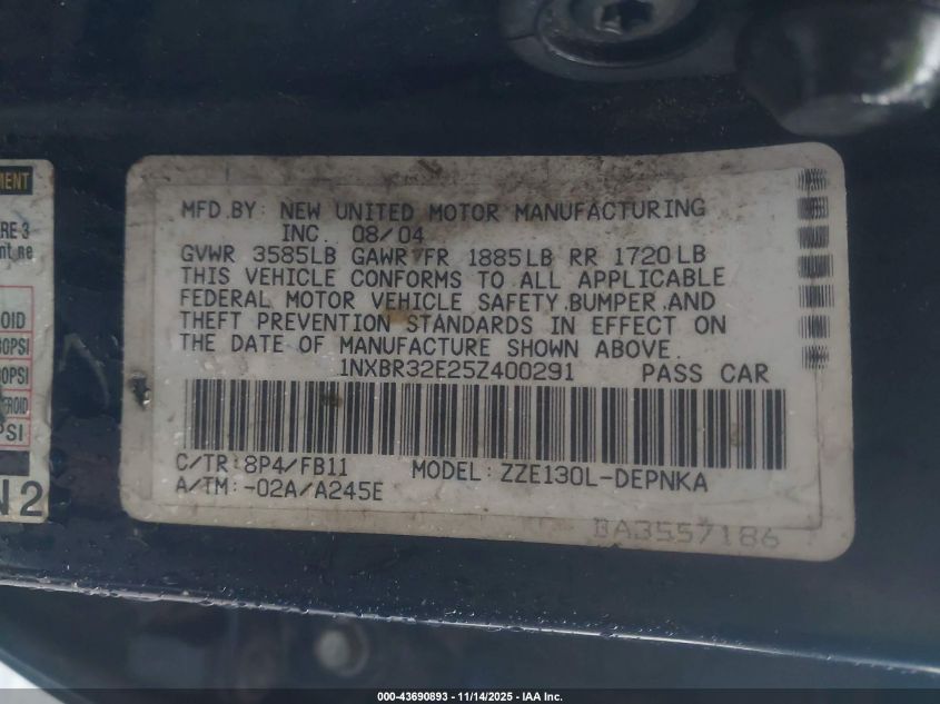 2005 Toyota Corolla Le VIN: 1NXBR32E25Z400291 Lot: 43690893