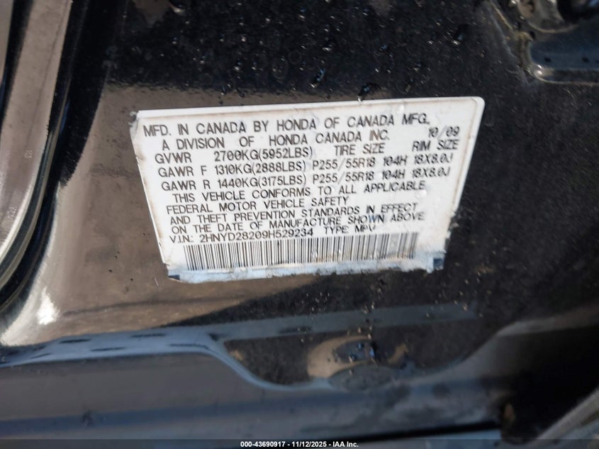 2009 Acura Mdx VIN: 2HNYD28209H529234 Lot: 43690917