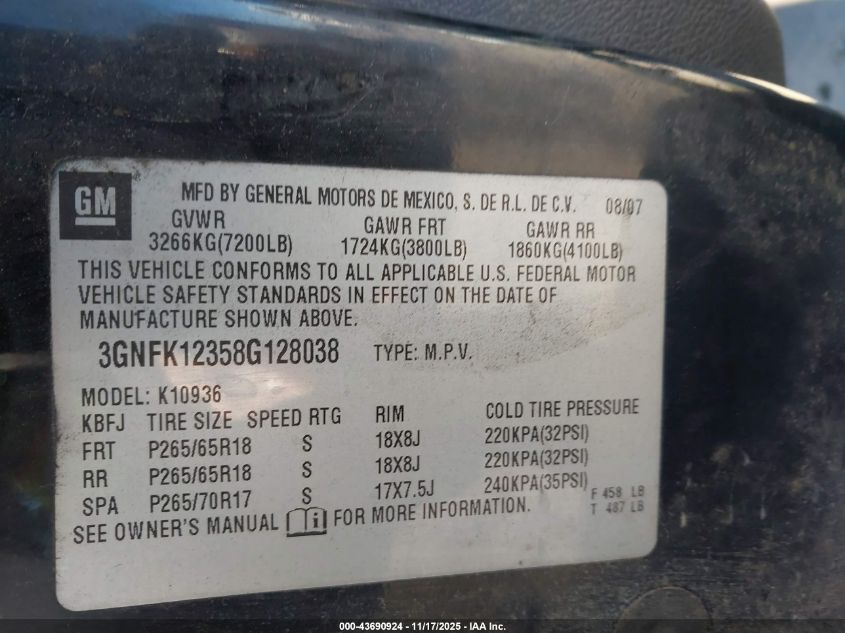 2008 Chevrolet Avalanche 1500 Lt VIN: 3GNFK12358G128038 Lot: 43690924