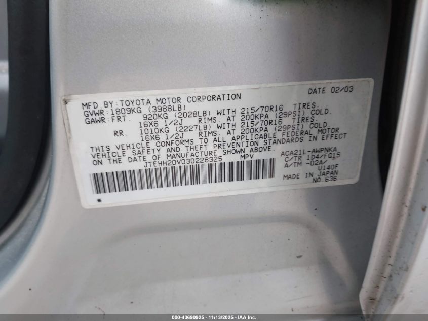 2003 Toyota Rav4 VIN: JTEHH20V030228325 Lot: 43690925