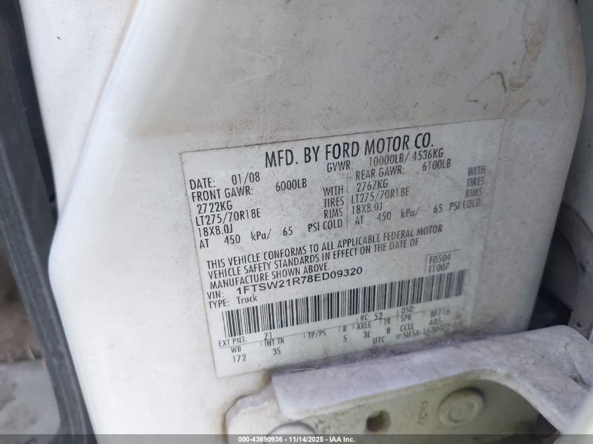 2008 Ford F-250 Fx4/Harley-Davidson/King Ranch/Lariat/Xl/Xlt VIN: 1FTSW21R78ED09320 Lot: 43690936