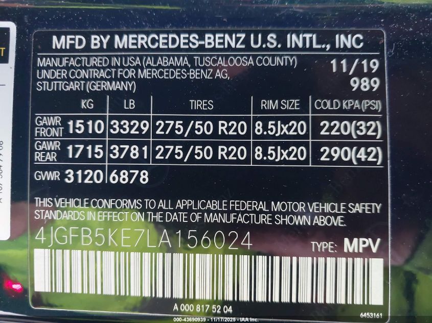 2020 Mercedes-Benz Gle 450 4Matic VIN: 4JGFB5KE7LA156024 Lot: 43690939