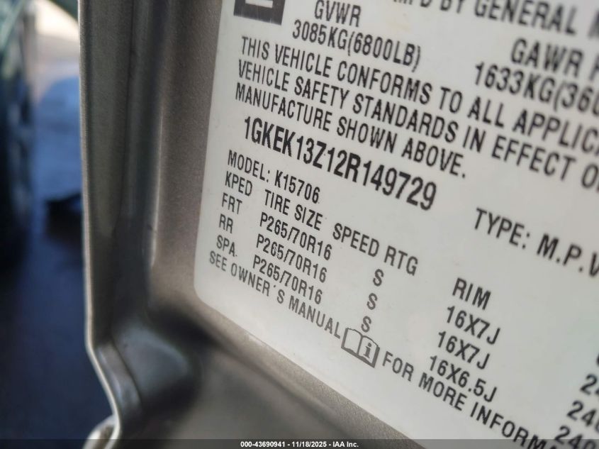 2002 GMC Yukon Slt VIN: 1GKEK13Z12R149729 Lot: 43690941