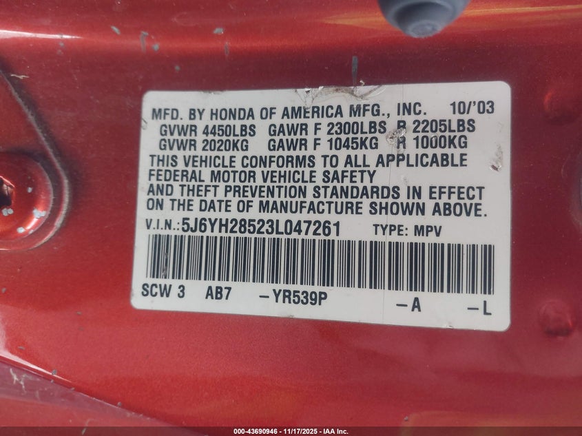 5J6YH28523L047261 2003 HONDA ELEMENT photo no. 9