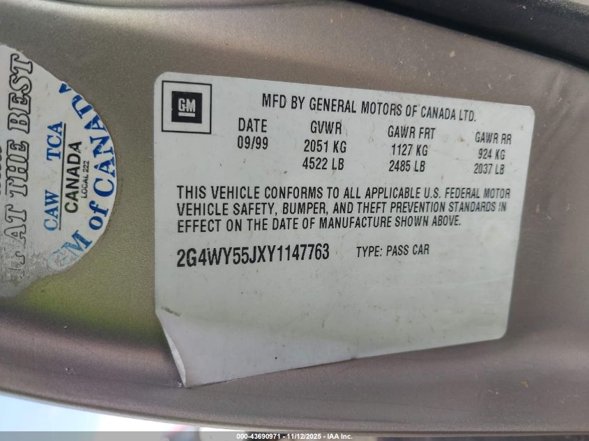 2000 Buick Century Limited VIN: 2G4WY55JXY1147763 Lot: 43690971