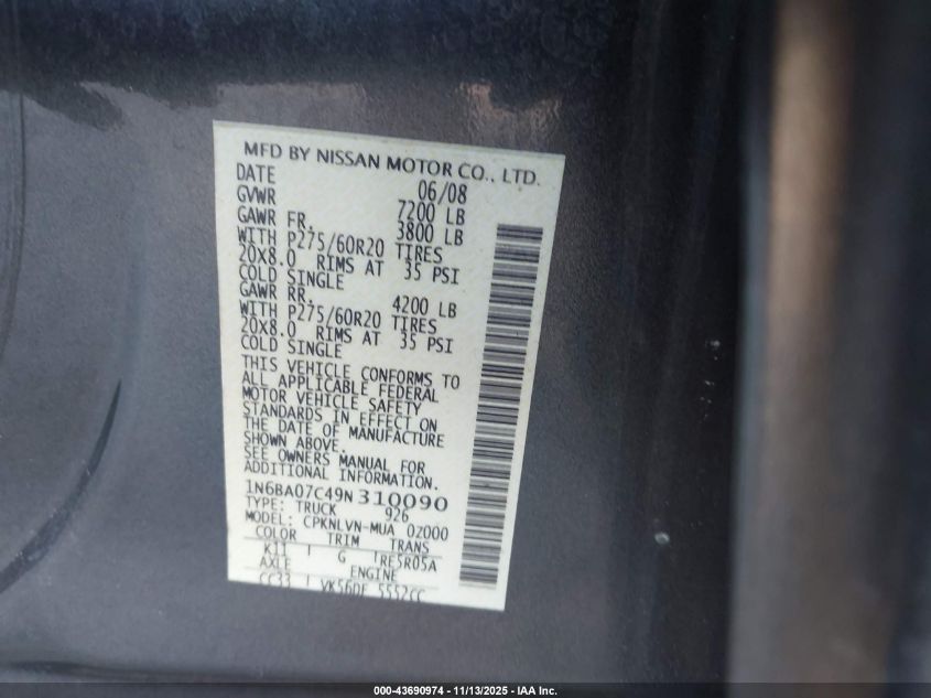 2009 Nissan Titan Le VIN: 1N6BA07C49N310090 Lot: 43690974