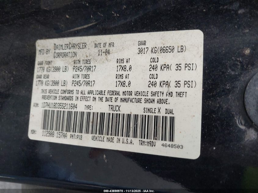 2005 Dodge Ram 1500 Slt/Laramie VIN: 1D7HU18D35S211604 Lot: 43690978