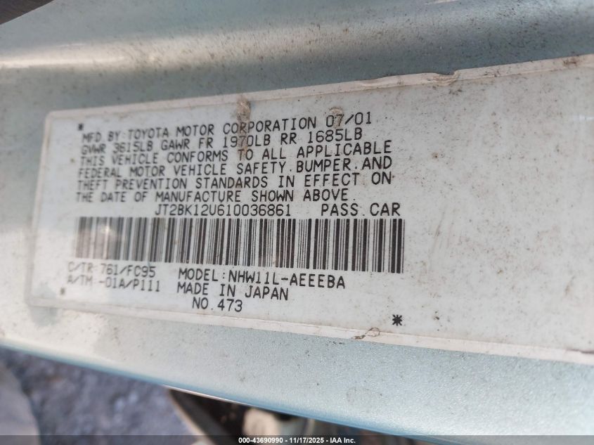 2001 Toyota Prius VIN: JT2BK12U610036861 Lot: 43690990