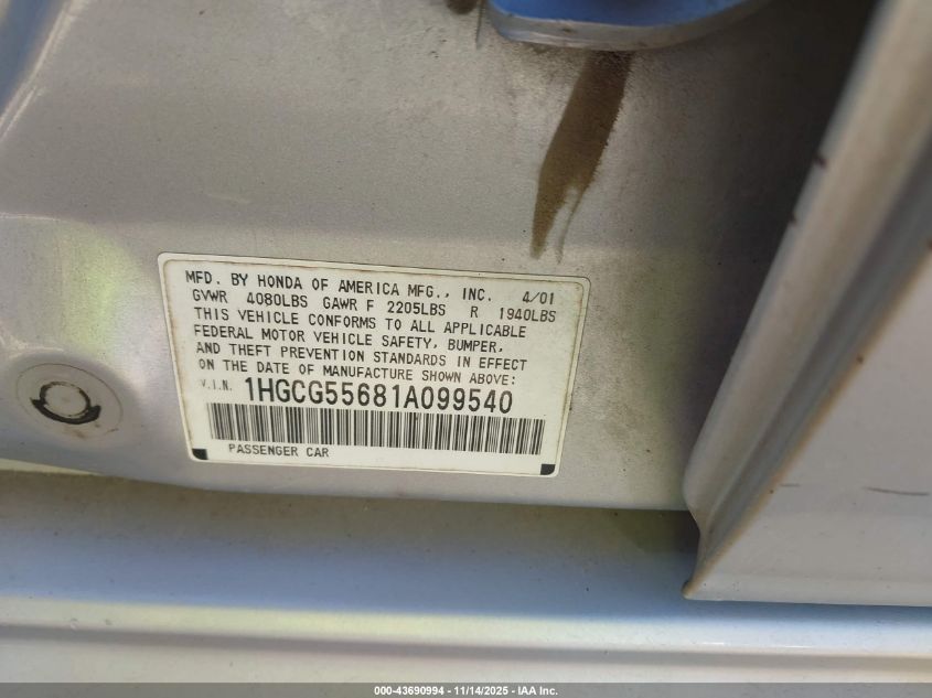 2001 Honda Accord 2.3 Ex VIN: 1HGCG55681A099540 Lot: 43690994