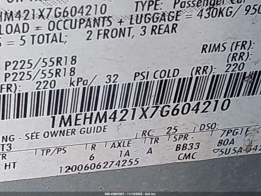 2007 Mercury Montego Premier VIN: 1MEHM421X7G604210 Lot: 43691001