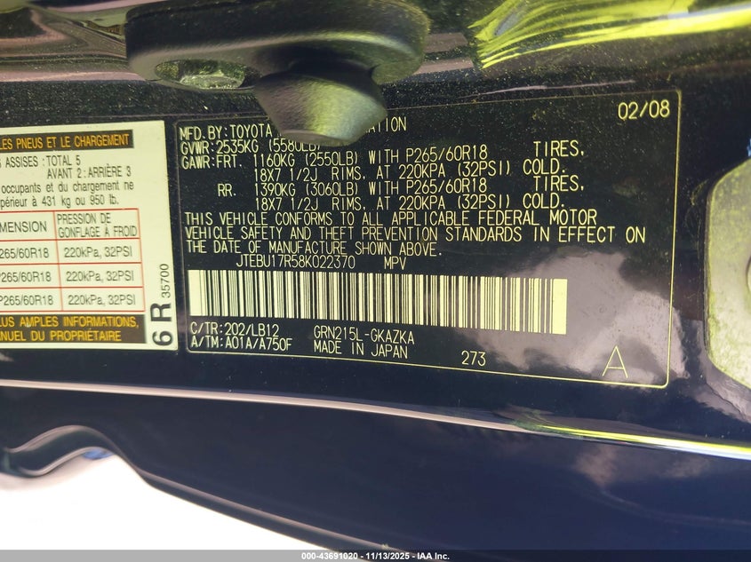 JTEBU17R58K022370 2008 TOYOTA 4RUNNER photo no. 9