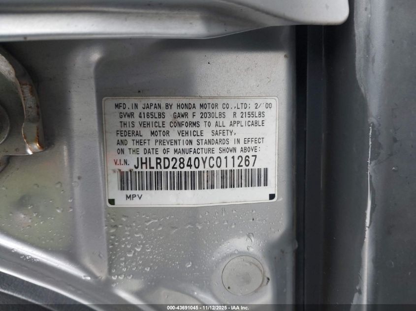 2000 Honda Cr-V Lx VIN: JHLRD2840YC011267 Lot: 43691045
