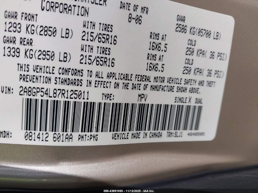 2007 Chrysler Town & Country Touring VIN: 2A8GP54L87R125011 Lot: 43691050