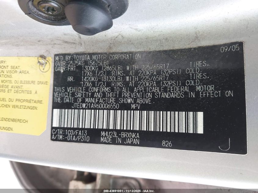 2006 Toyota Highlander Hybrid V6 VIN: JTEDW21A960006550 Lot: 43691051