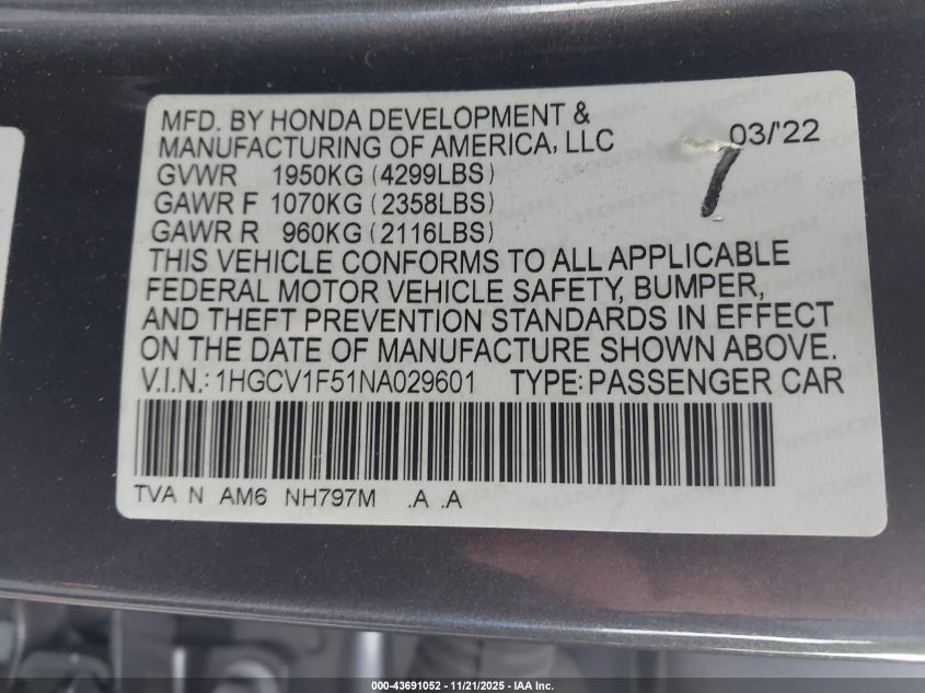 2022 Honda Accord Ex-L VIN: 1HGCV1F51NA029601 Lot: 43691052
