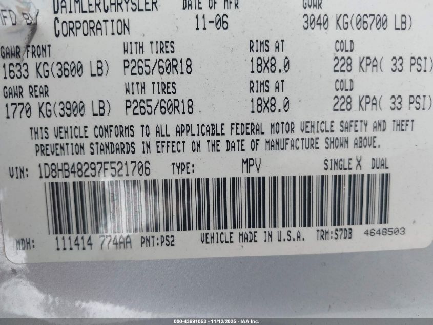 2007 Dodge Durango Slt VIN: 1D8HB48297F521706 Lot: 43691053