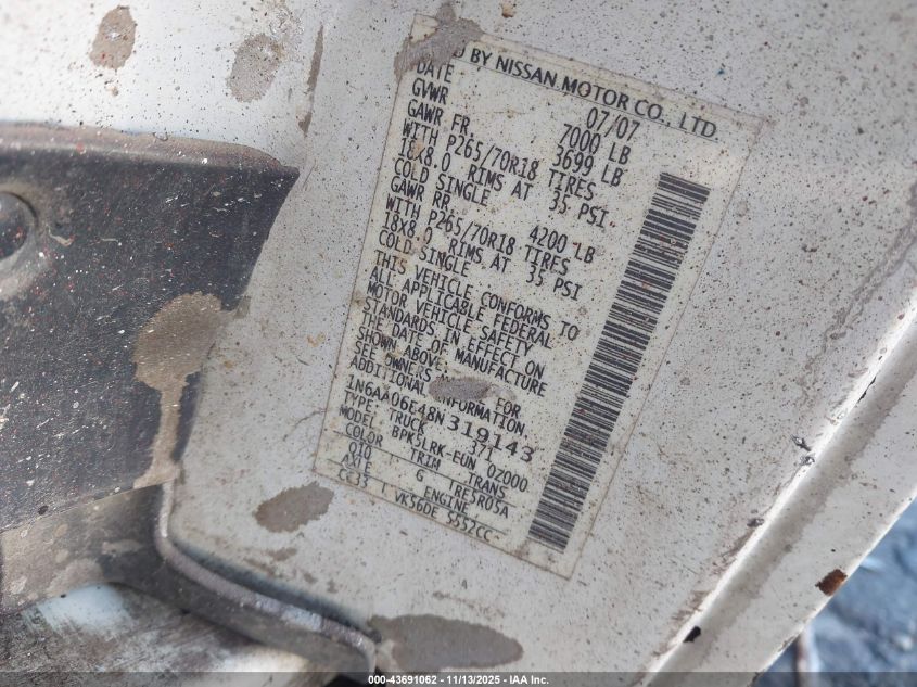 2008 Nissan Titan Xe VIN: 1N6AA06E48N319143 Lot: 43691062