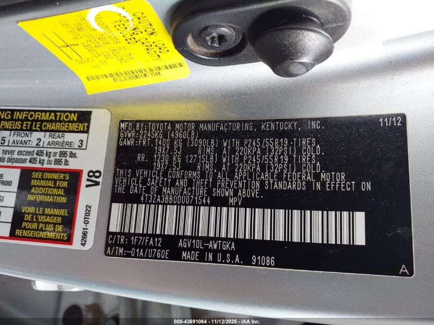 2013 TOYOTA VENZA LE 4T3ZA3BB0DU071544