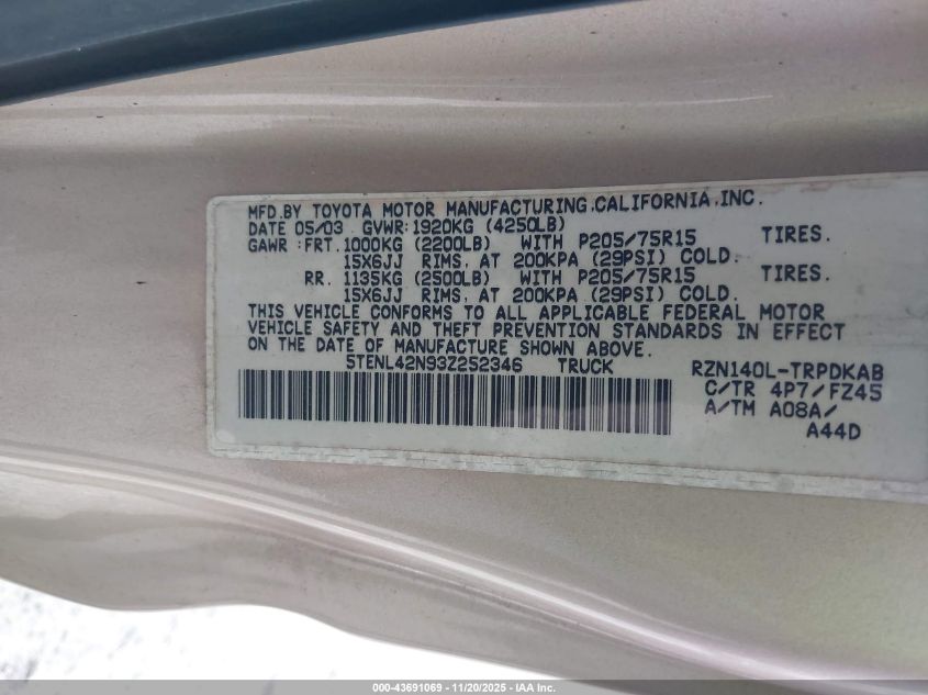 2003 Toyota Tacoma VIN: 5TENL42N93Z252346 Lot: 43691069