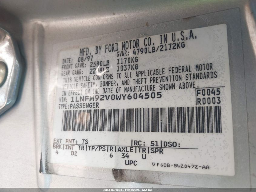 1998 Lincoln Mark Viii Lsc VIN: 1LNFM92V0WY604505 Lot: 43691073