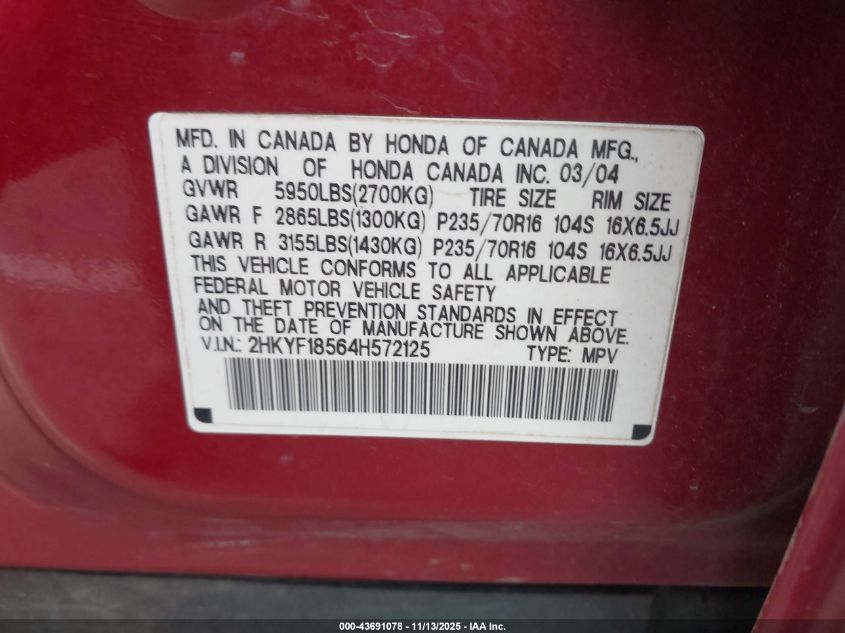 2004 Honda Pilot Ex-L VIN: 2HKYF185648572125 Lot: 43691078