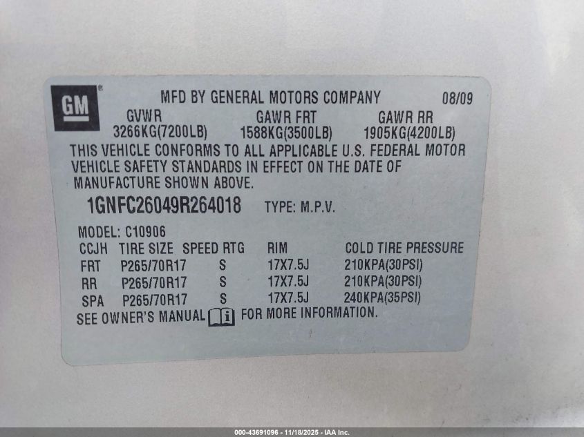 2009 Chevrolet Suburban 1500 Lt1 VIN: 1GNFC26049R264018 Lot: 43691096