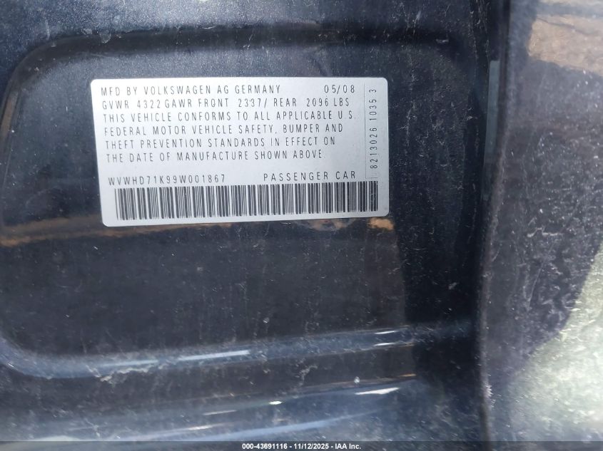 2009 Volkswagen Gti 4-Door VIN: WVWHD71K99W001867 Lot: 43691116