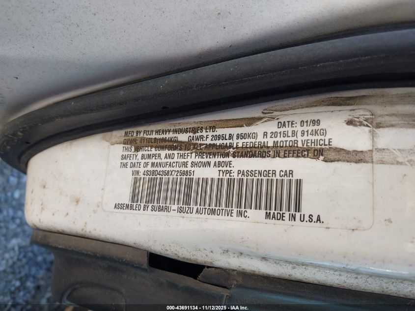 1999 Subaru Legacy 30Th Ann. L/L VIN: 4S3BD4358X7259851 Lot: 43691134
